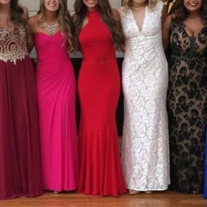 RED JOVANI PROM DRESS WITH GEMS AND UNIQUE NECK